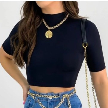 Cropped Blusa Gola Alta Canelado Feminina Manga Curta Tendência Moda Básica