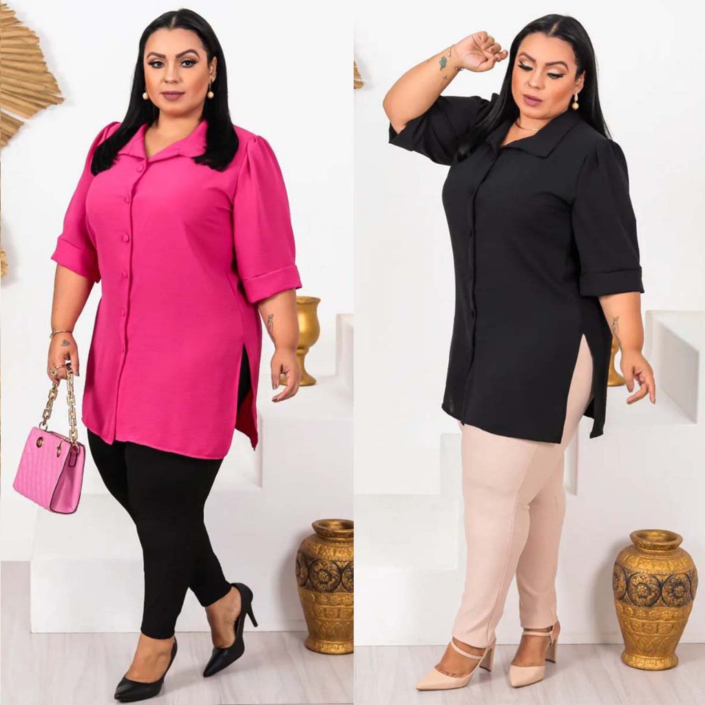 Camisão Plus Size Feminino Manga 3/4 Curta Moda Curve Chemise Casual Tapa Bumbum