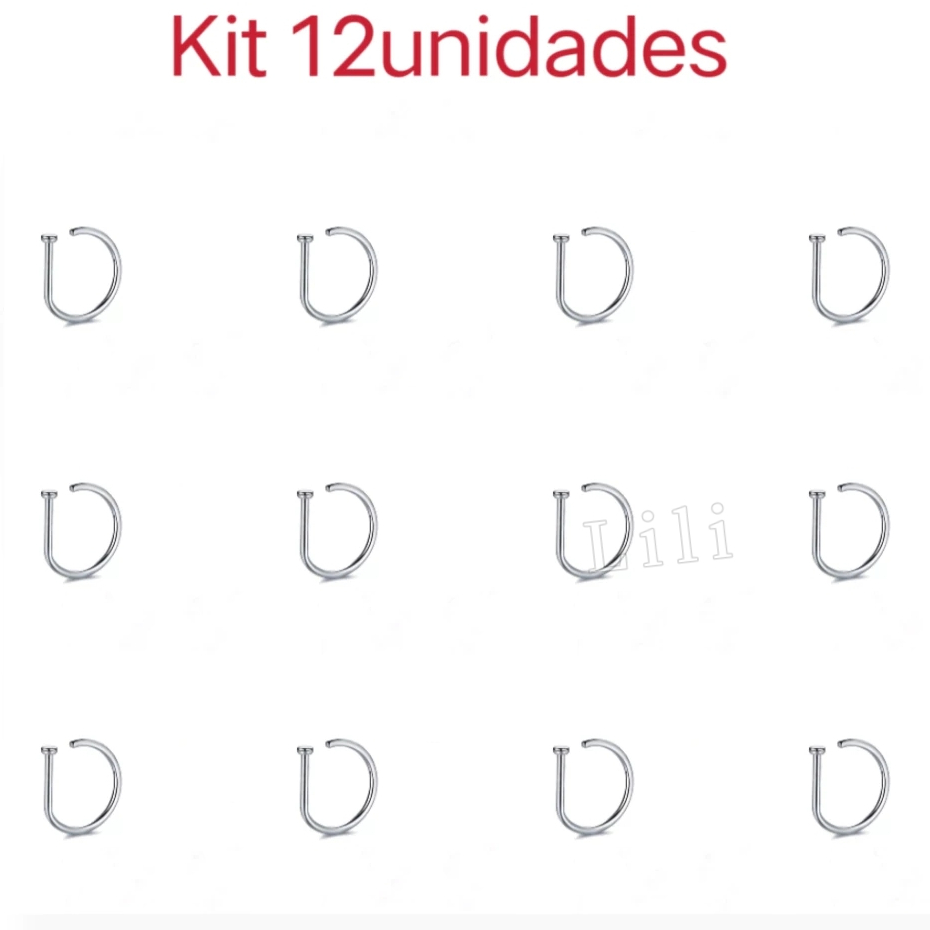 Kit 12unidades Piercing De Nariz Nostril D-ring em aço cirúrgico