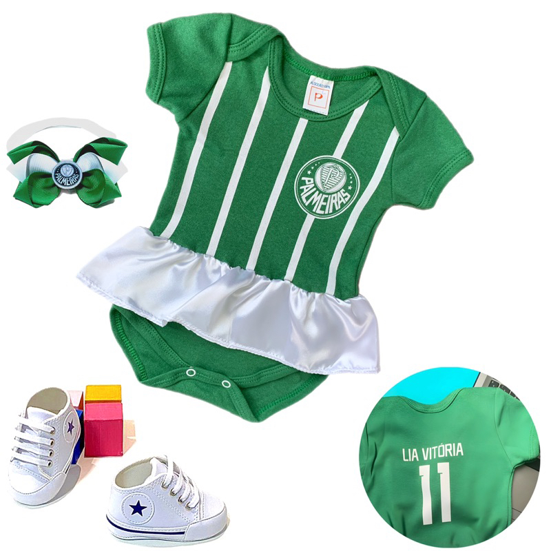 Kit Mesversário Bebê Palmeiras Personalizado Com Nome Body Bebê Tênis Sapatinho Tiara Faixinha de Seda