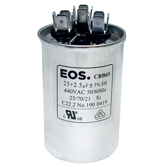 Capacitor Duplo 25+2.5 Mfd 440V com Terminal 50mm X 75mm Corpo Aluminio EOS