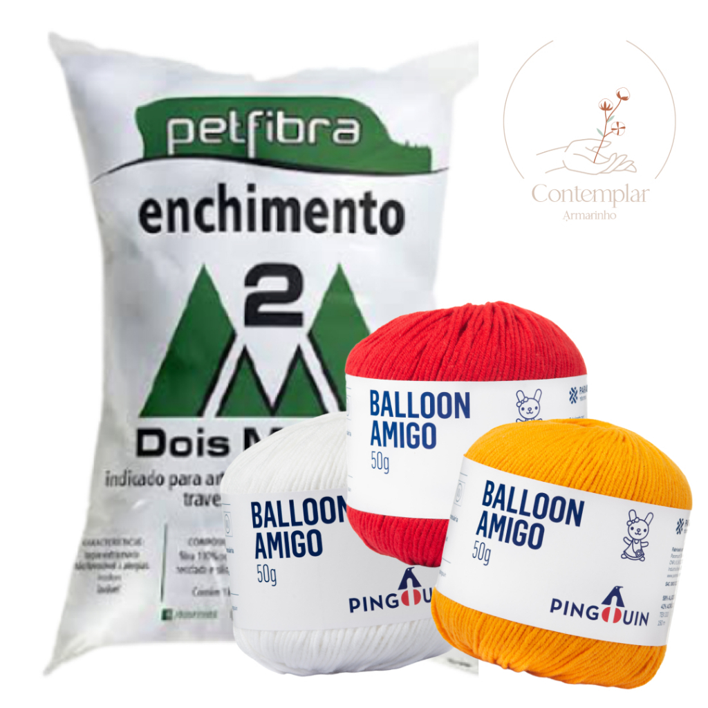 Kit 1 Fio Balloon Amigo - Pingouin + 100 g Enchimento fibra siliconada PET FIBRA - Dois M Têxtil