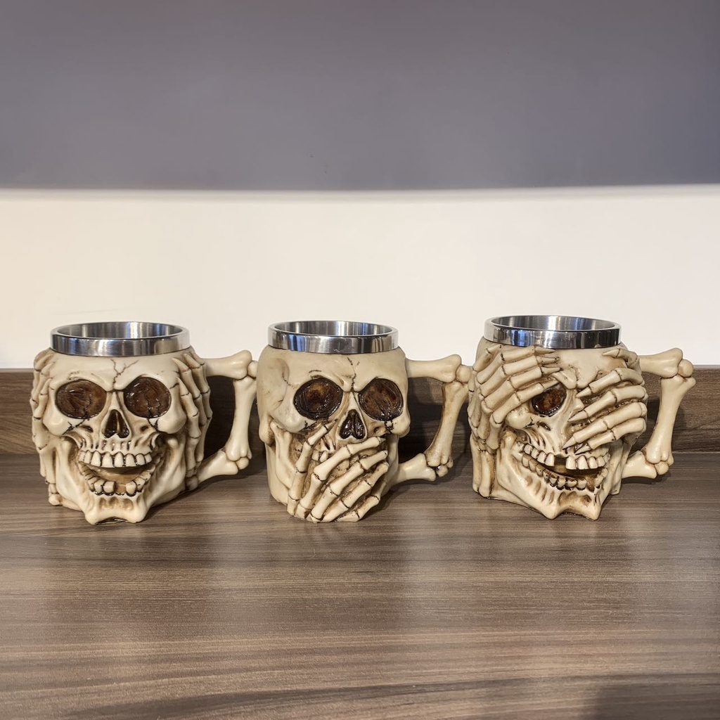 Conjunto 3 Caneca  Inox Caveira Não Fale , Não Olhe , Não Escuta  Resina 400ml