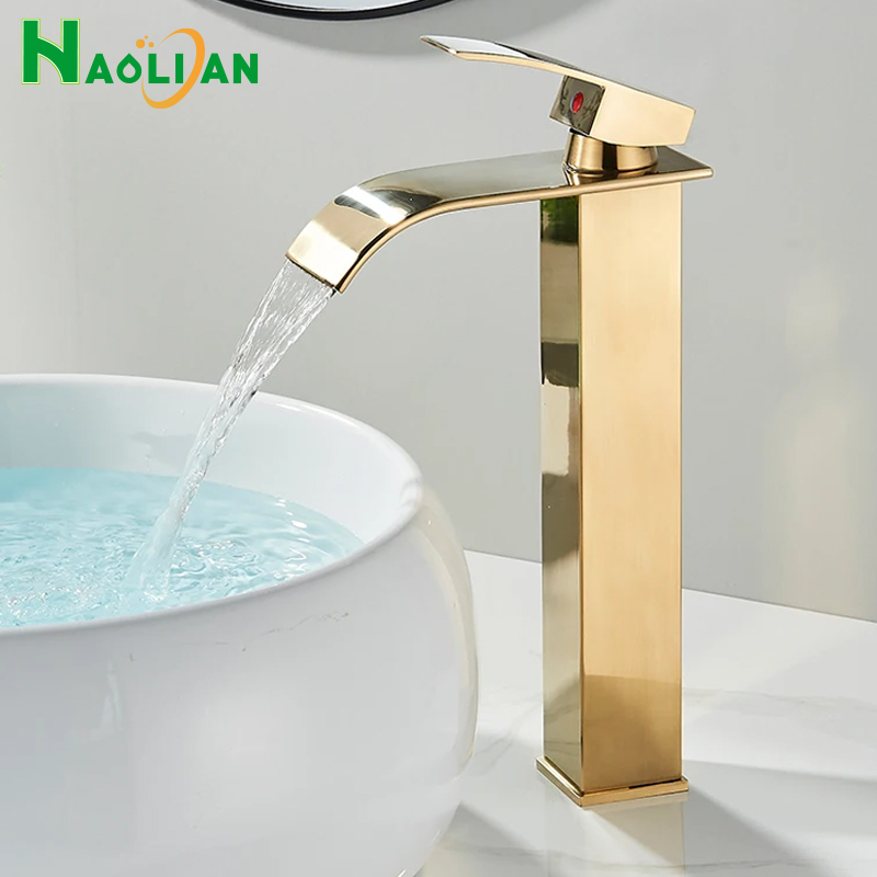 Torneira Banheiro Dourado Cascata Misturador Monocomando Torneira Lavabo Premium Metal + Plástico