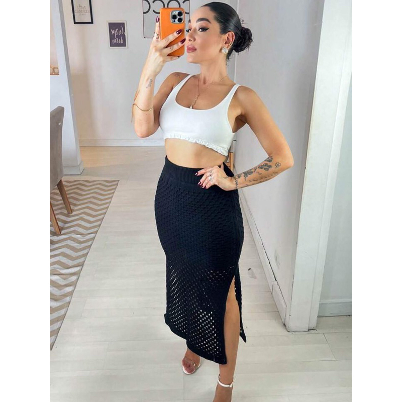 Saia Trico Modal Novo 2024 Saia Furo Com Fenda Em Dois Lado saída de praia com forró