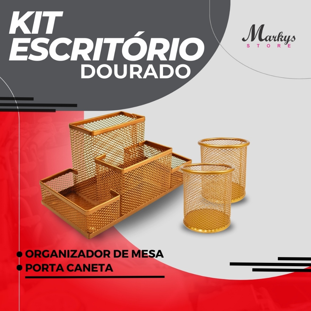Kit Dourado Organizador e Porta Caneta Dourado Luxuoso Escritorio 3uni