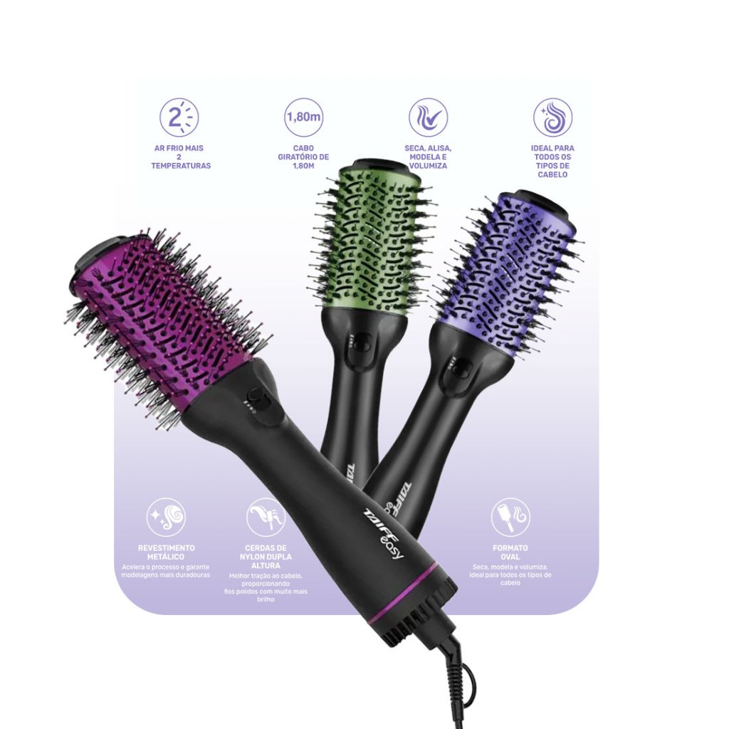 Taiff Escova Easy Oval 1200W - Ar Frio + 2 temperaturas - Secadora Alisadora e Volumizadora Lilás Verde Pink Green - 127V ou 220V