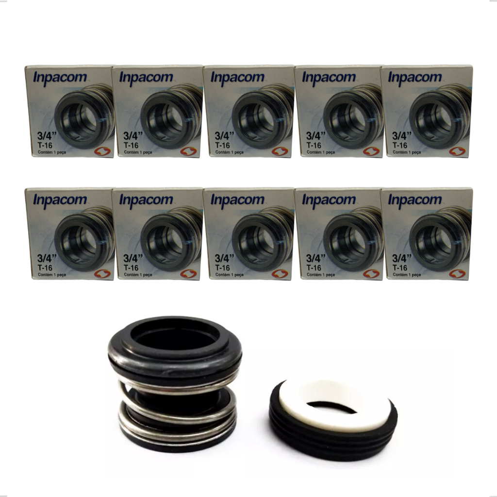 Kit Conjunto com 10 Selo Mecânico Inpacom 3/4 Polegadas Mola Emborrachada T-16 Bomba Agua Selos