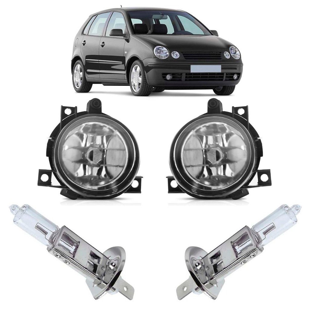 Kit Farol Milha Auxiliar + Lâmpada H3 Polo 2003 2004 2005 2006 Foco Manual Lente Lisa Vidro - Spare Parts and Accessories for Vehicles