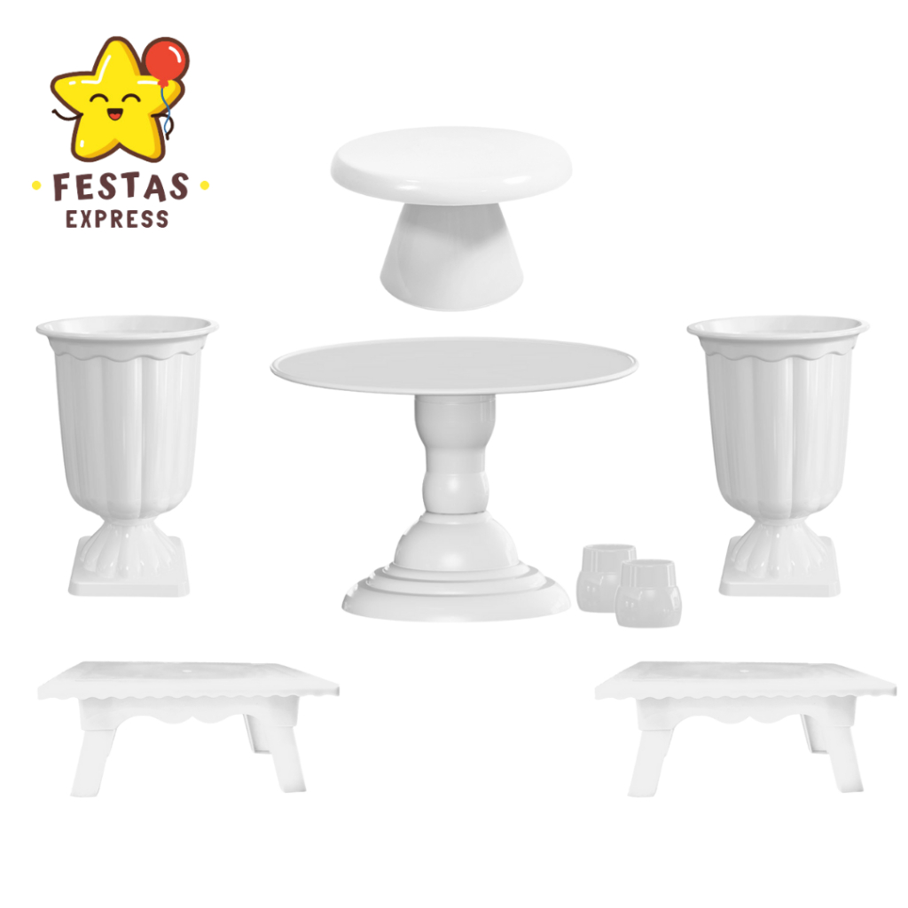 Kit Festa Elegante - 1 Boleira Royale 28cm , 2 Mesinhas , 1 Boleira Cake Slim 17x11 e 2 Vasos Grego