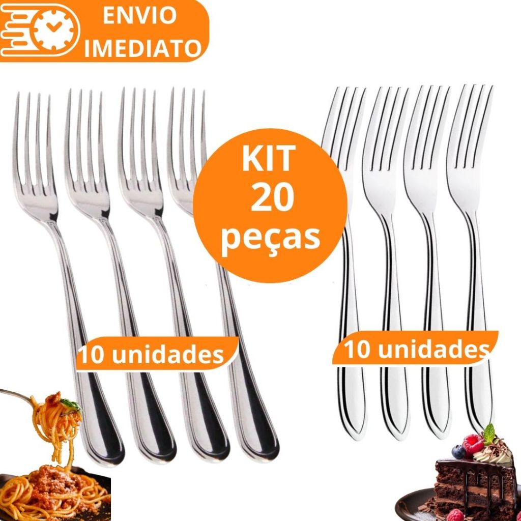 KIT 20 Talher Garfo de mesa + Garfo de Sobremesa100% Aço Inox Para Casa Restaurante Bar Garfo Talher Bolo