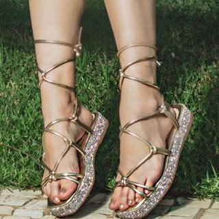 Sandália feminina de amarração com manta strass brilho luxo plataforma blogueiras (MARIACECILIA)