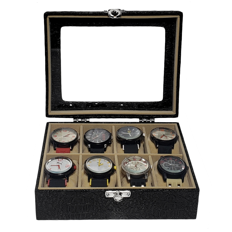 Estojo Maleta Para 8 Relógios Com Vidro cor Preto Com Interno Aveludado Bege