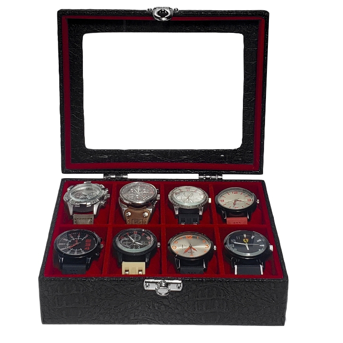 Estojo Para 8 Relógios Preto Com Interno Aveludado Vermelho