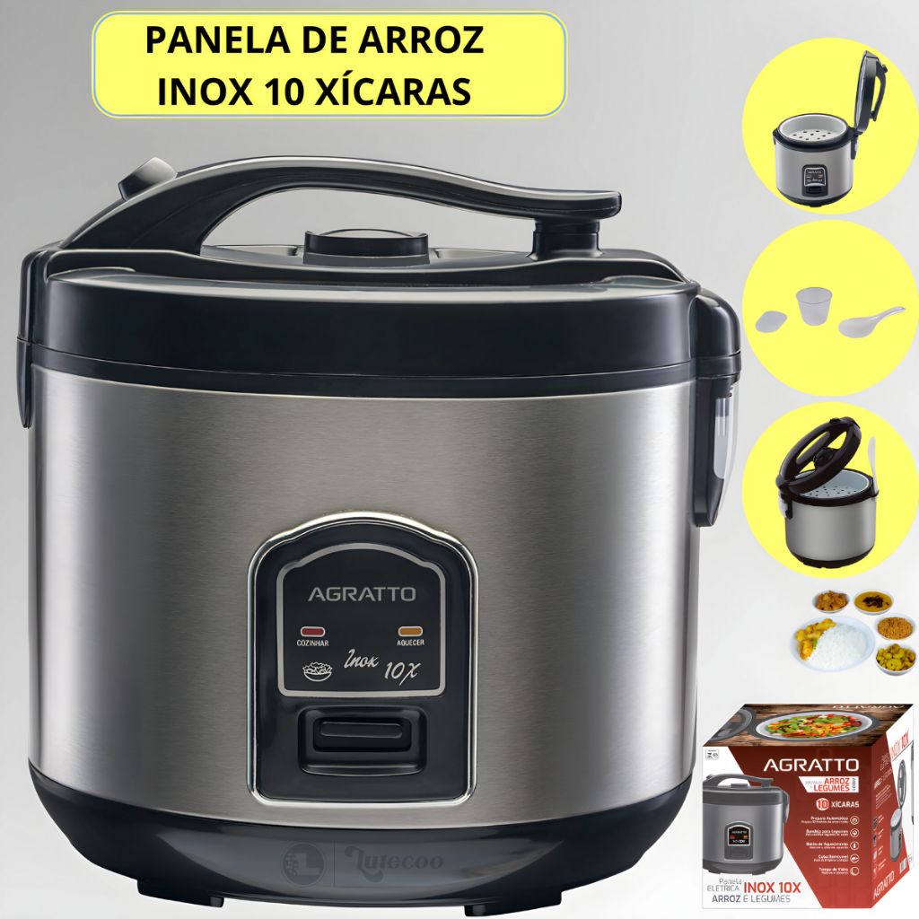 Panela Elétrica Agratto 10 Xícaras Inox: Arroz e Legumes no Vapor Prático e Rápido - Função Aquecer Automática
