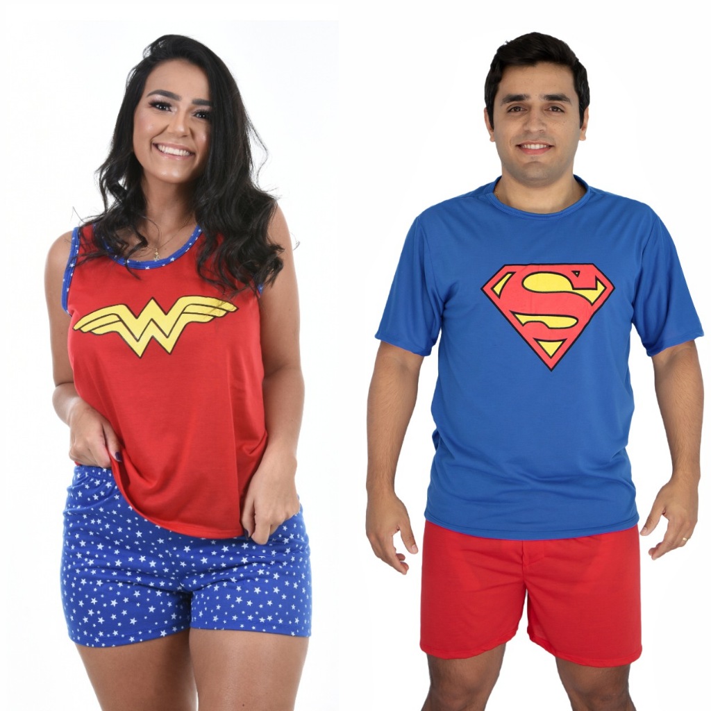 Kit 2 Pijamas Casal Feminino Baby Doll Regata E Short e Masculino Curto Verão