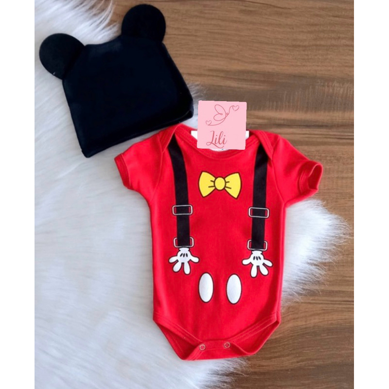 Body Bebê Tematico Mickey suspensório + touca mesversario fantasia Bebê