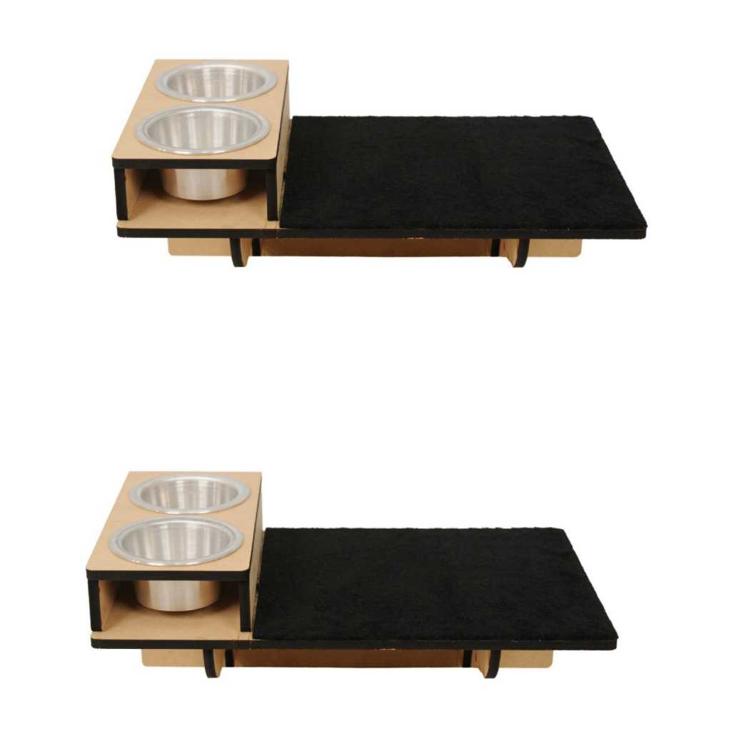 Kit com 2 Prateleiras com Comedouro duplo suspenso de parede para gatos em mdf com carpete em Oferta na Shopee