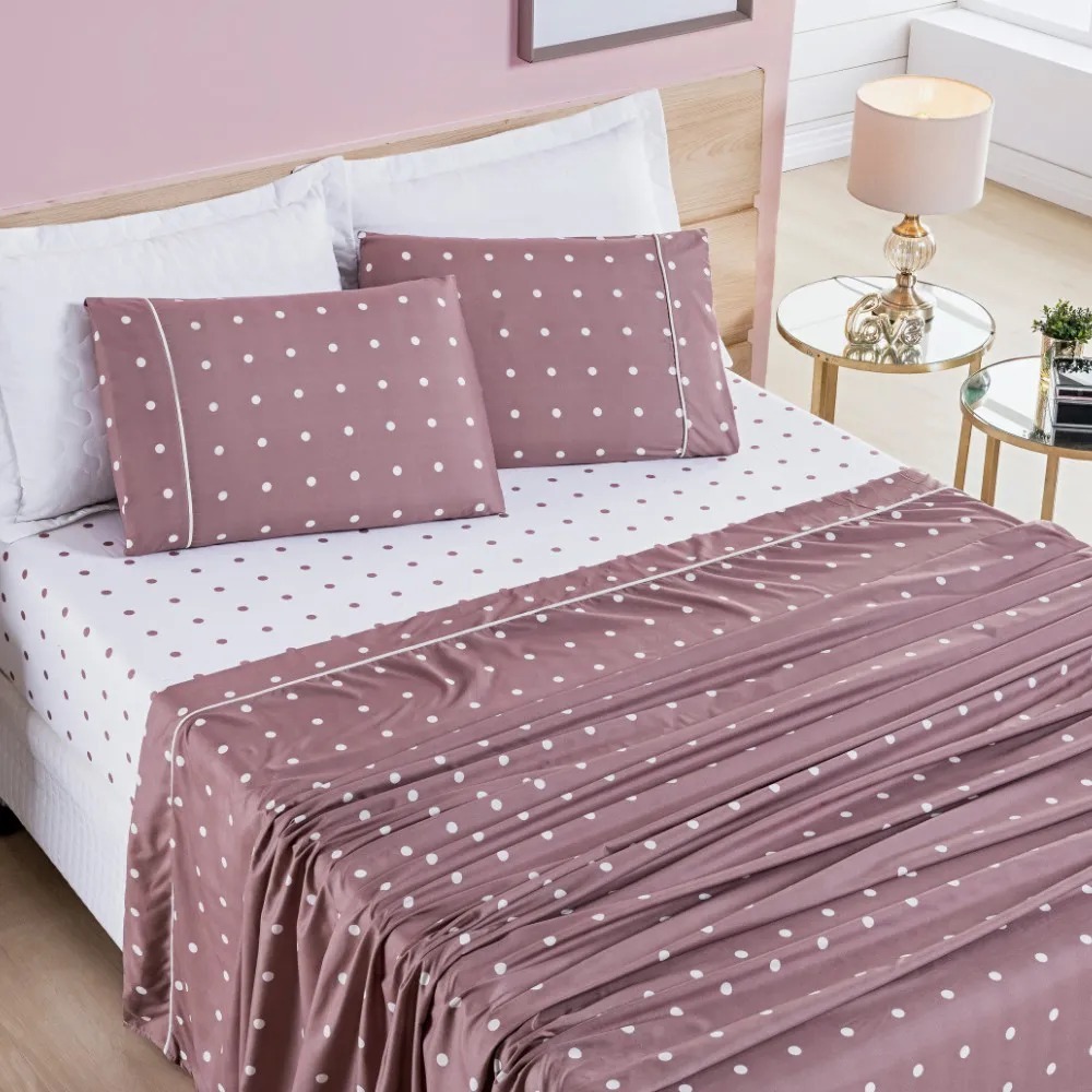 Jogo De Cama 4 Peças Petit Poá Micropercal 200 Fios Sobre Lençol Forro de Cama com Elástico Solteiro Casal Queen e King Kit Cama Posta