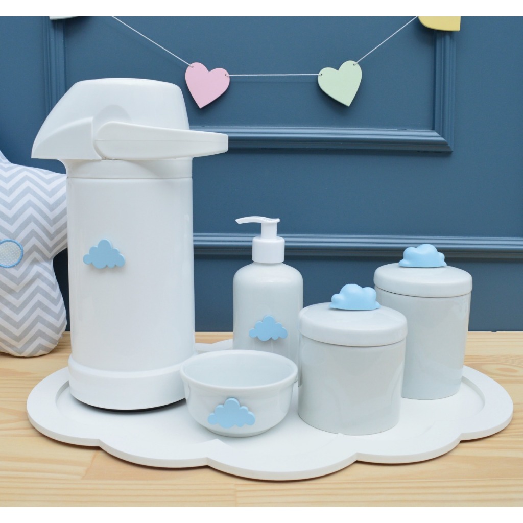 Kit Higiene Bebê K033 Azul Menino Cuidado Banho Moderno Bandeja Nuvem Branca Porcelanas Térmica