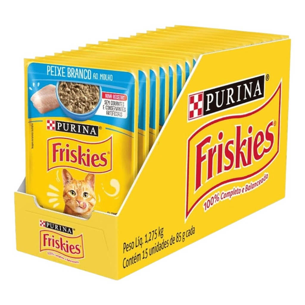 Friskies Kit 15 Sachês P/ Gato Adulto Sabor Peixe Branco 85g