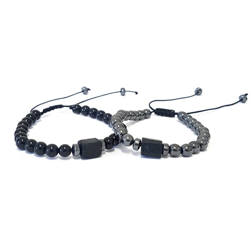 Pulseira pedra Hematita e Onix com entremeio Turmalina Negra Bruta