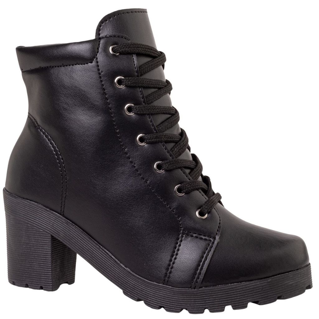 Bota Coturno Feminino De Amarrar Militar Salto Bloco Tratorado Cano Baixo Macia Preto Off 1401