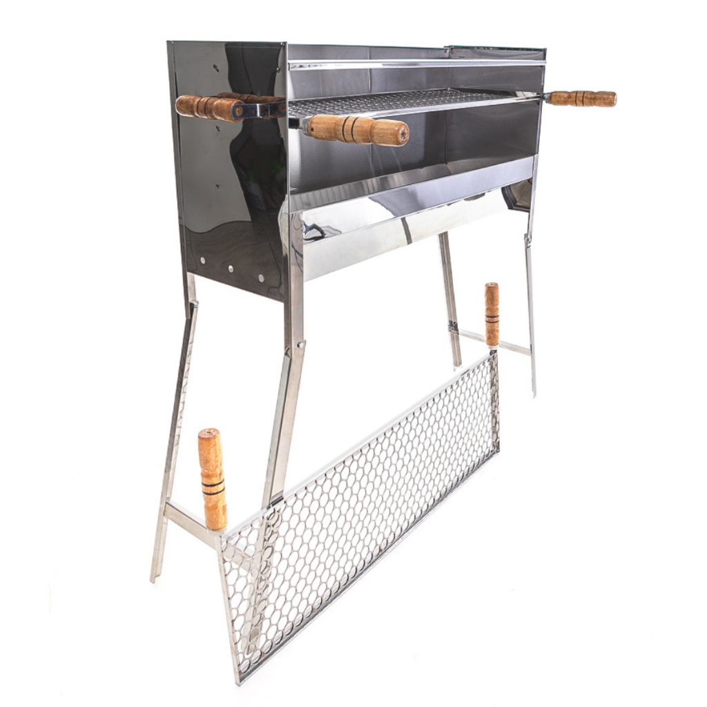 Churrasqueira Espeteira Inox Portatil Dobravel Profissional com 2 Grelhas Inox Tamanho 100x25x90