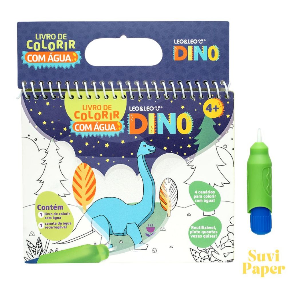 Livro de Colorir com Água Acquabook Coleção Dino com Caneta Para Colorir com Agua Léo e Léo