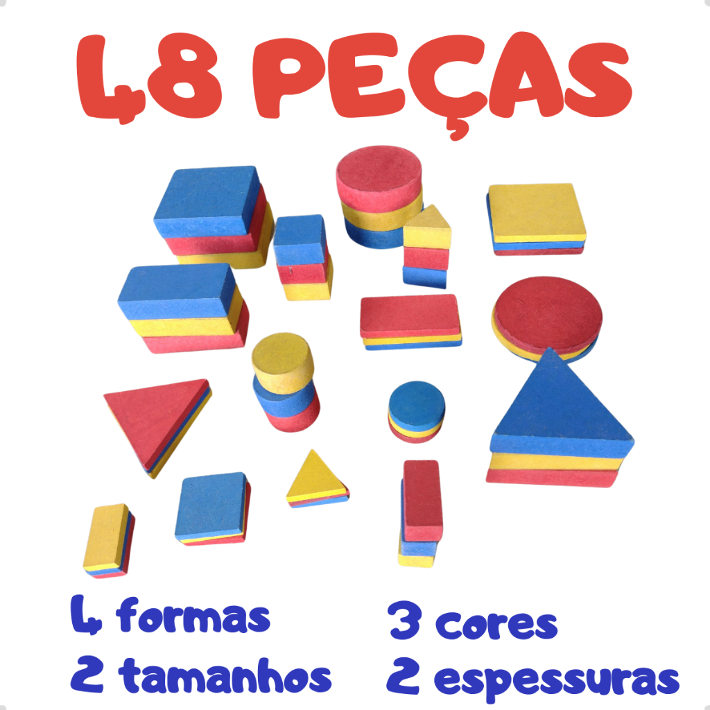 Blocos Lógicos 48 Peças em Madeira Jogo Brinquedo Pedagógico Educativo Classificação de Formas