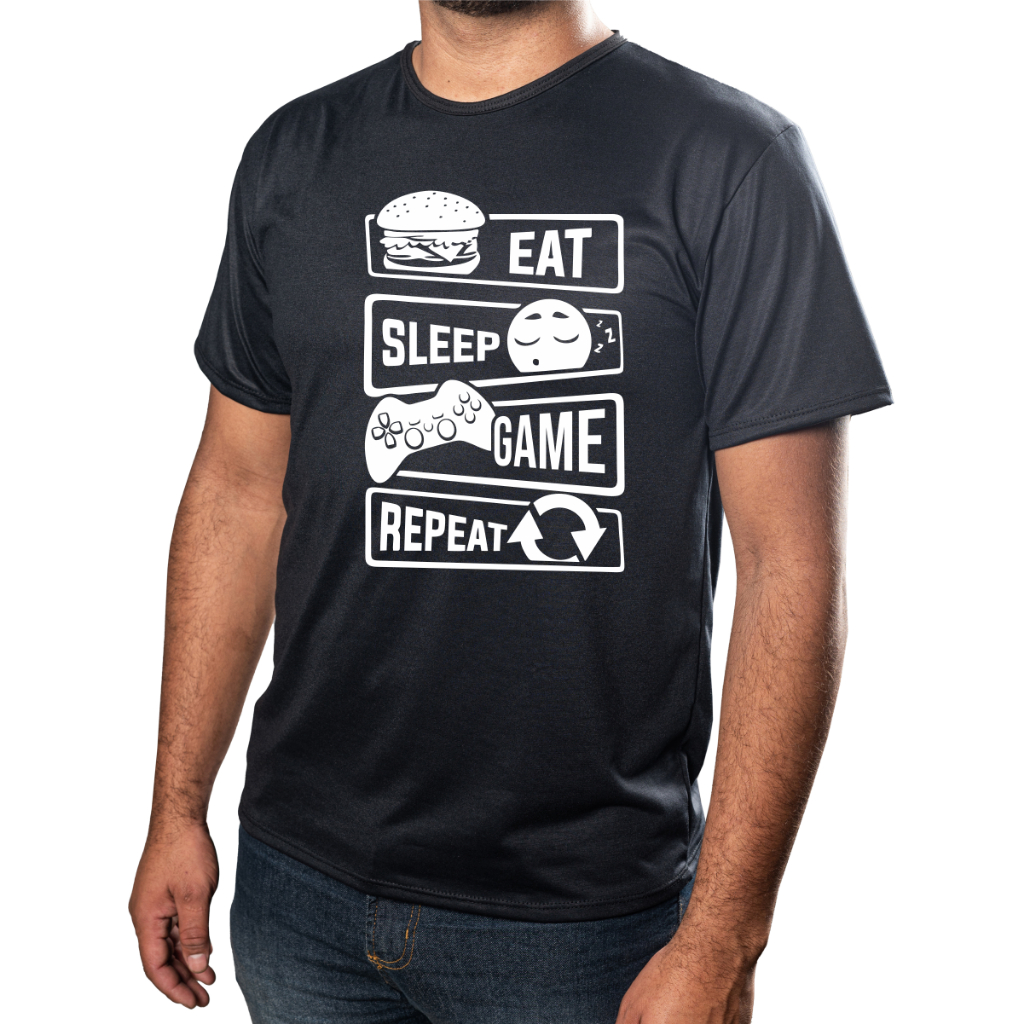 Camisa Personalizada Frase EAT SLEEP GAME REPEAT Estampada Acabamento E Durabilidade 100% Poliéster Promoção