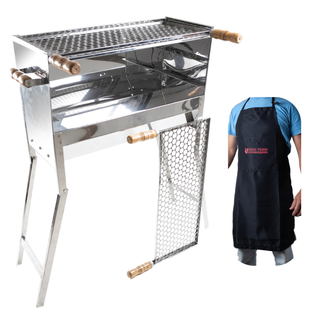 Churrasqueira Inox Espetinho a carvao Profissional Portatil Com 2 grelhas e Avental Churrasqueiro