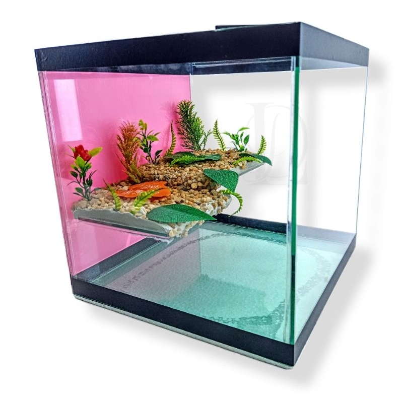 Terrário Cubo 20x20x20cm Plataforma Aquário Tartaruga rampa plantas artificiais Pedras rio folhagem decoração decorado