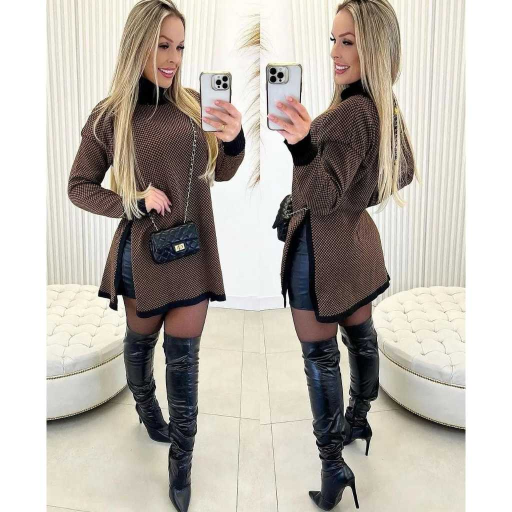 Poncho Feminino Tricô Gola Alta Manga Longa Mousse Estampo Xadrez em Oferta na Shopee