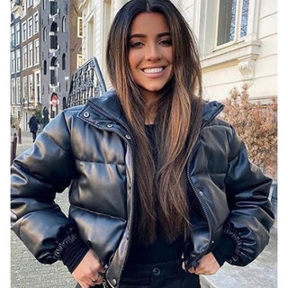 Jaqueta Puffer casacos de inverno feminino grosso  Couro Eco com zíper é forrada moda feminina inverno frio jaqueta de couro eco.