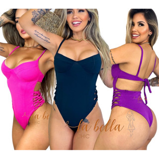 Body Maiô Trançado Lateral Cavado Com Bojo Cruzado Costa Nua Biquíni Hot Pants
