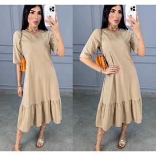 VESTIDO FEMININO MIDI DE MALHA COM BABADO E MANGAS CURTAS