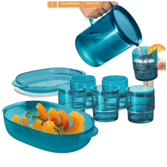 KIT 8 PEÇAS MICROPLUS OVAL 1,5L + JARRA PREMIER 1,2L + 6 COPOS PREMIER 295ML TURMALINA EM POLICARBONATO - TUPPERWARE