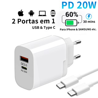 Carregador Rápido PD 30W USB & Tipo C QC3.0 - iPhone 15/14/13, Samsung S23/S22 Carregador Turbo Dual USB Carregue 2 Dispositivos Simultaneamente