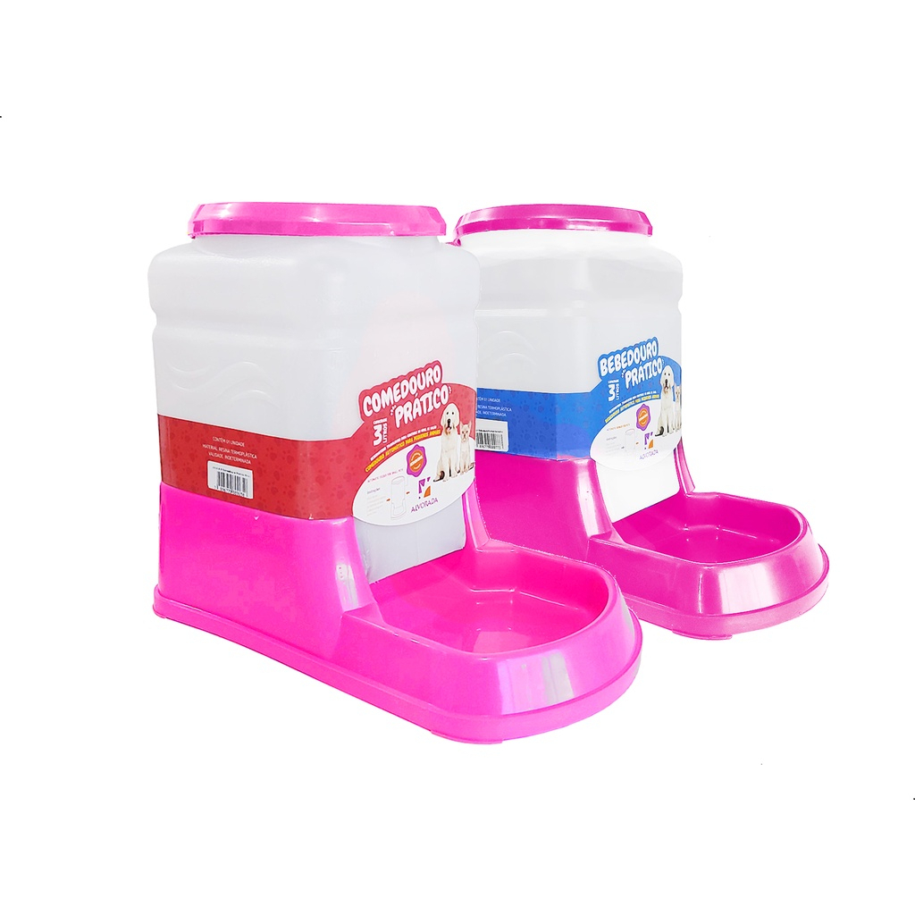 KIT Comedouro E Bebedouro Automático ROSA Para Cães e Gatos 3 Litros - Comedouro e Bebedouro Pratico