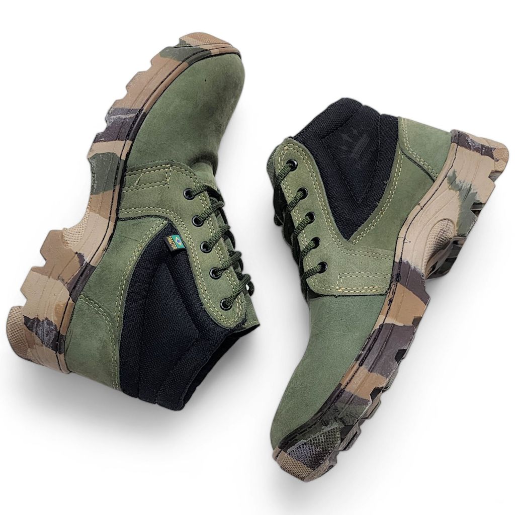 TBA Nobuck Oliva / Solado Camuflado - Botina de Amarração em Couro