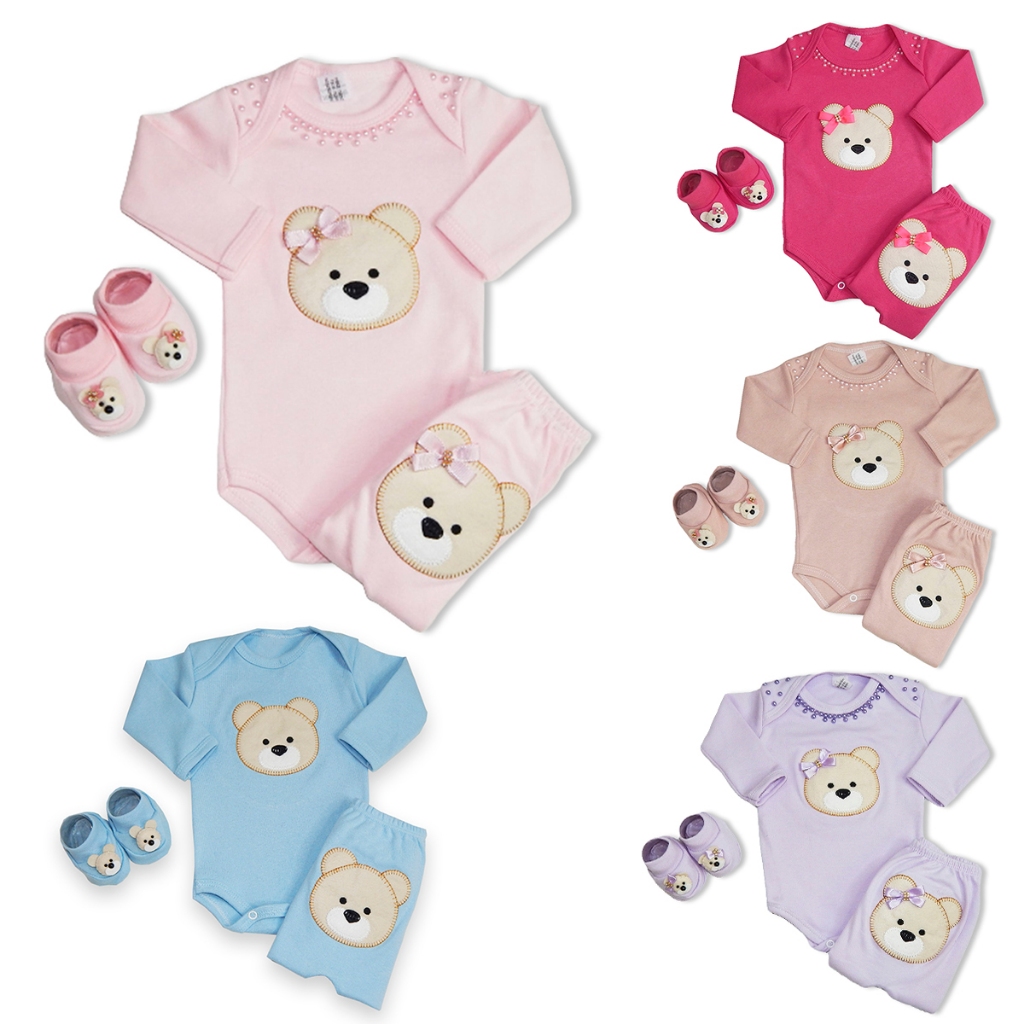Conjunto Body Ursinho (a) Bebê com Calça e Sapatinho Bordado Kit 3 Peças