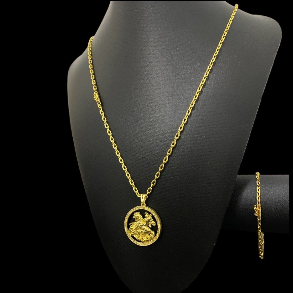 Kit Cordão Pulseira e Pingente De 3,5MM Pingente São Jorge 25 Pedras Moeda Antiga Banhado A Ouro18K