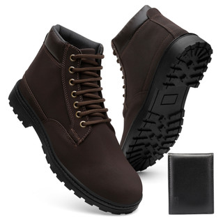 Bota Masculina Confort Camurça com Cadarço e Solado Tatorado Cano Alto Basic Casual+ Carteira