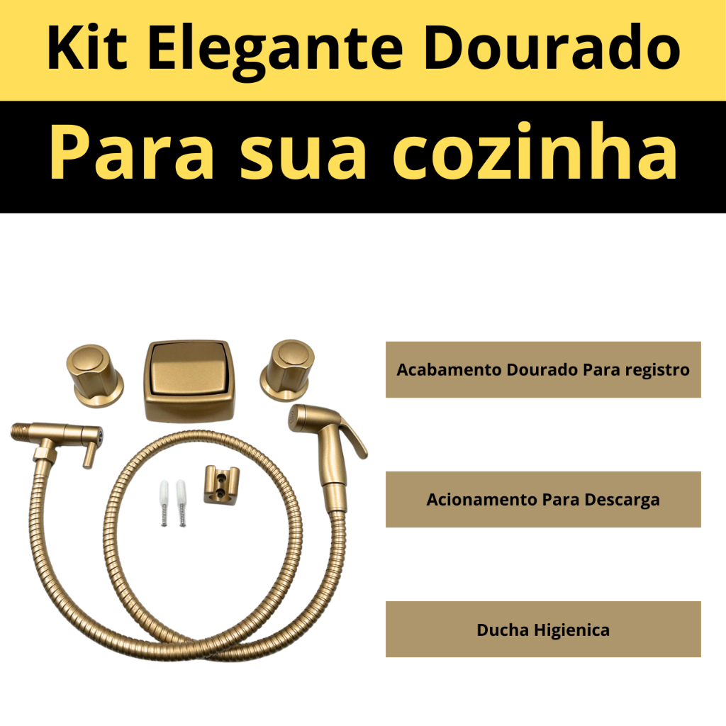 Kit Banheiro Elegante Dourado Com Ducha Higiênica, Tampa Para Descarga e Acabamento Para Registro Crie & Construa