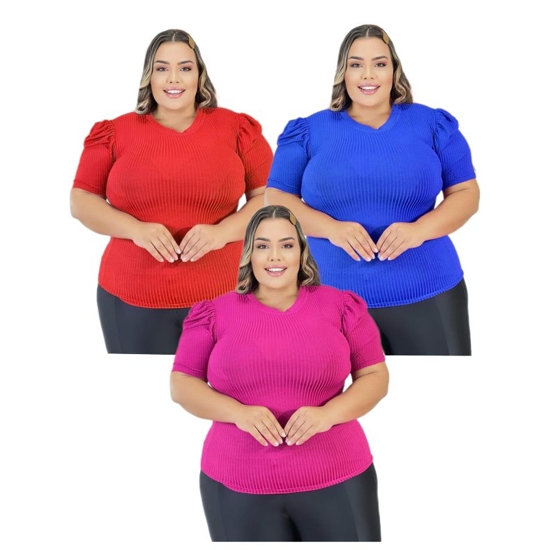Blusa plus size evangélica canelada manga princesa bufante moda feminina