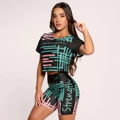 Conjunto Fitness Feminino Suplex Estampado Academia Feminino Cropped E Short Strength