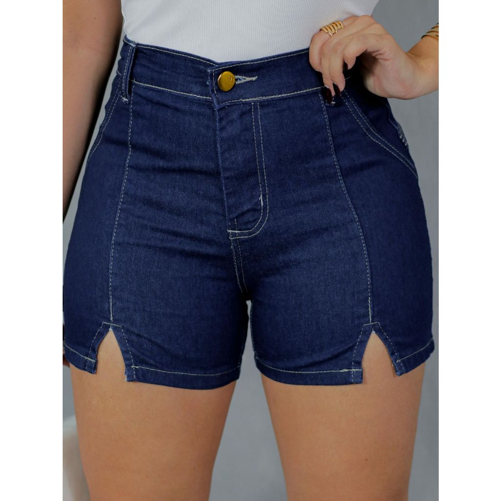 Shorts jeans feminino azul cintura alta levanta bumbum com laycra