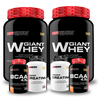 Kit 2x Whey Protein Giant Whey 900g + 2x BCAA 4,5 100g + 2x Power Creatina 100g Suplementos em Pó para Turbinar o Treino de Musculação na Academia - Bodybuilders
