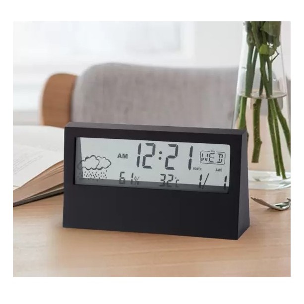 Relogio de mesa digital despertador com medidor de temperatura umidade e calendario tela LCD com luz
